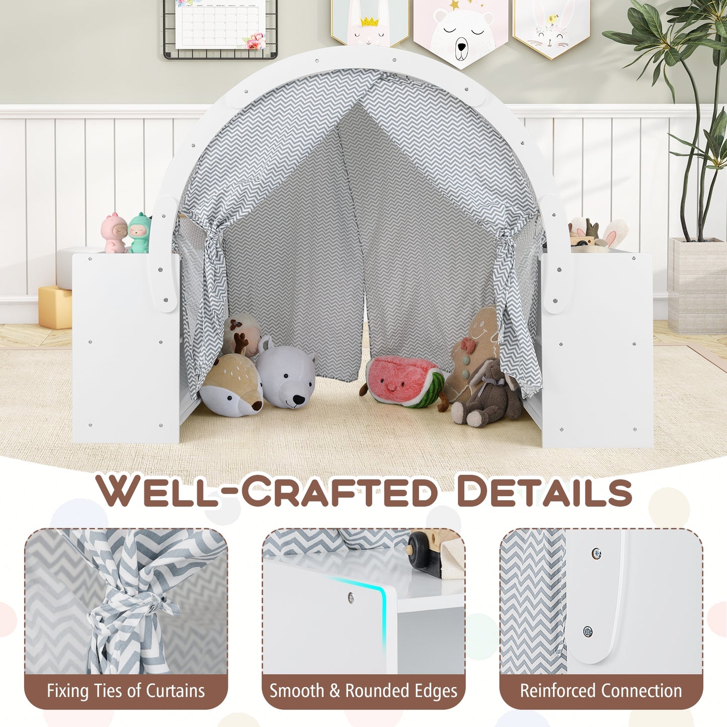 Wooden Kids Play Tent with Curtain Shades and 8 Cubbies-White Kids Crystal