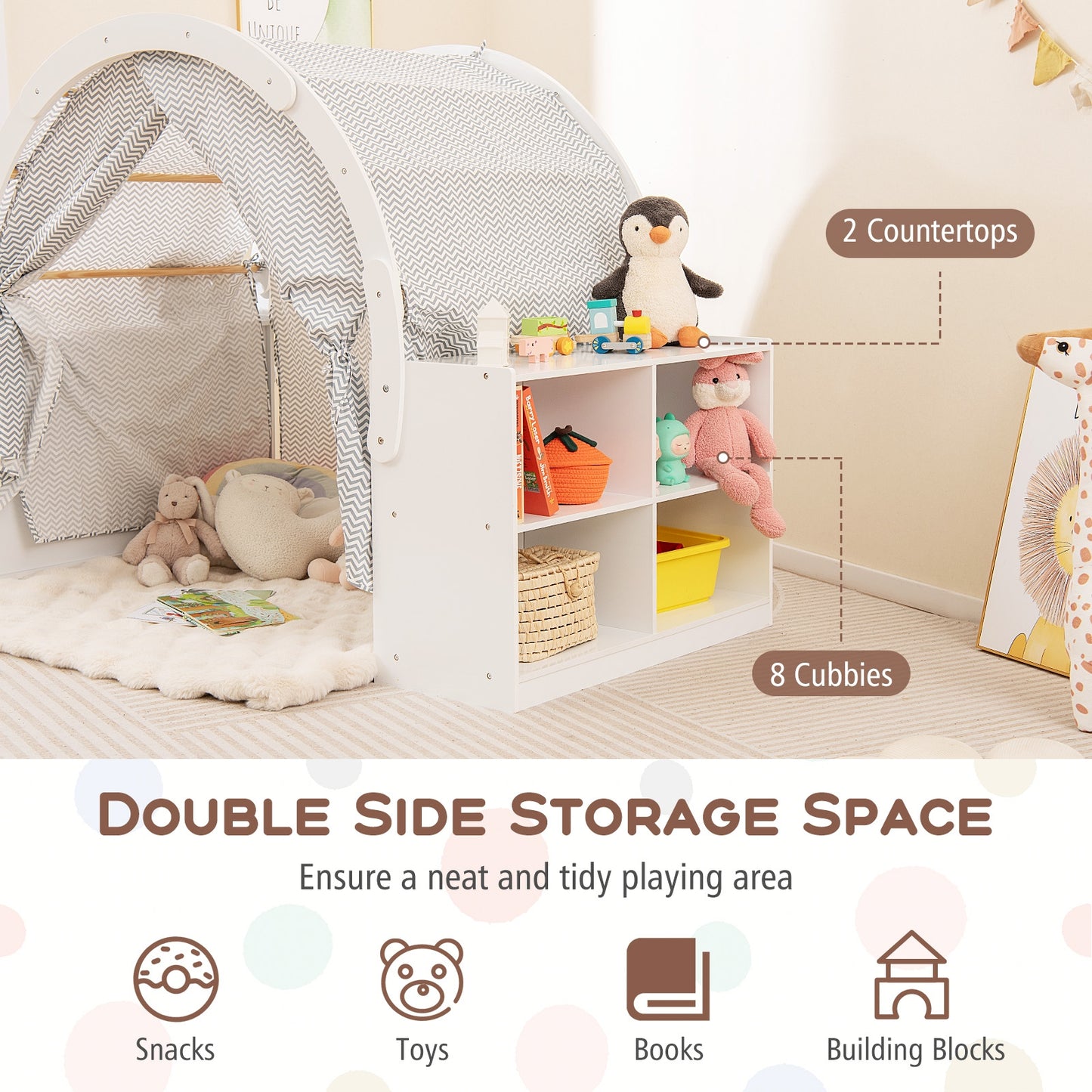 Wooden Kids Play Tent with Curtain Shades and 8 Cubbies-White Kids Crystal