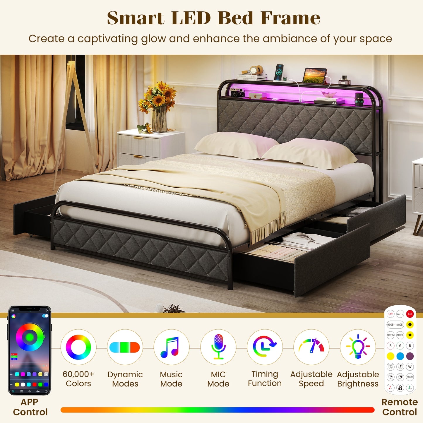 Twin/Full/Queen Size Bed Frame with LED Lights and Charging Station-Full Size Kids Crystal