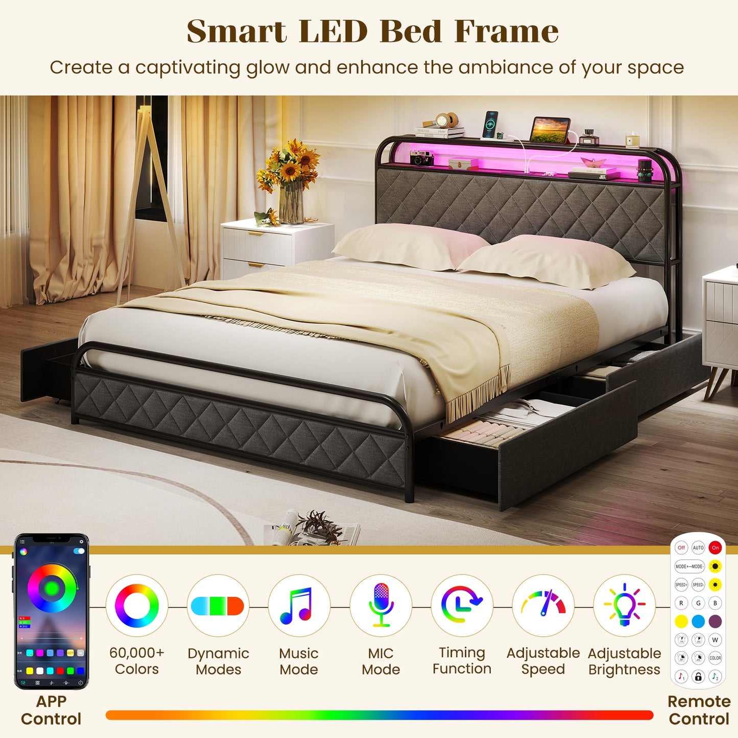 Twin/Full/Queen Size Bed Frame with LED Lights and Charging Station-Queen Size Kids Crystal