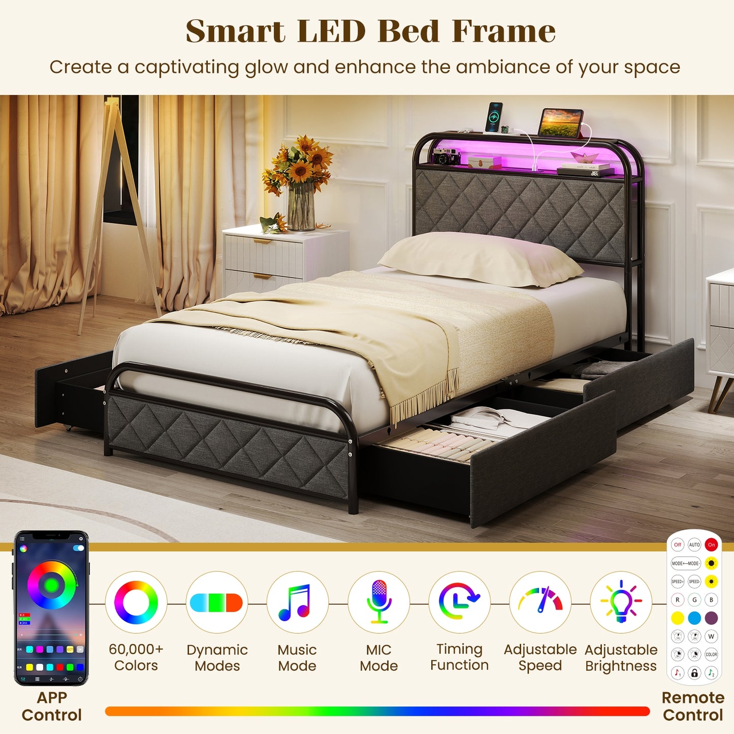 Twin/Full/Queen Size Bed Frame with LED Lights and Charging Station-Twin Size Kids Crystal