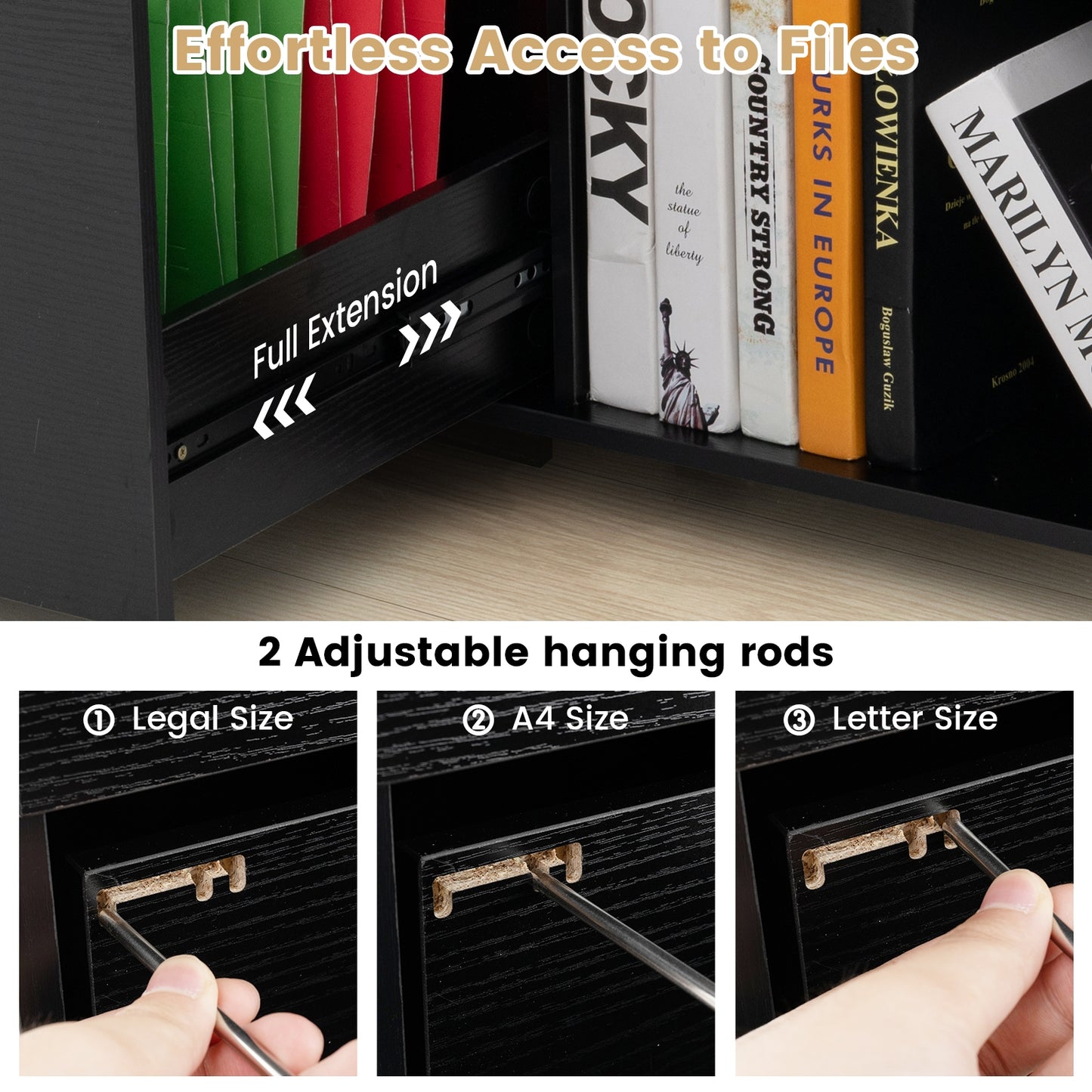 3-Drawer File Cabinet with Adjustable Shelf and Wheels for Letter-Black Kids Crystal