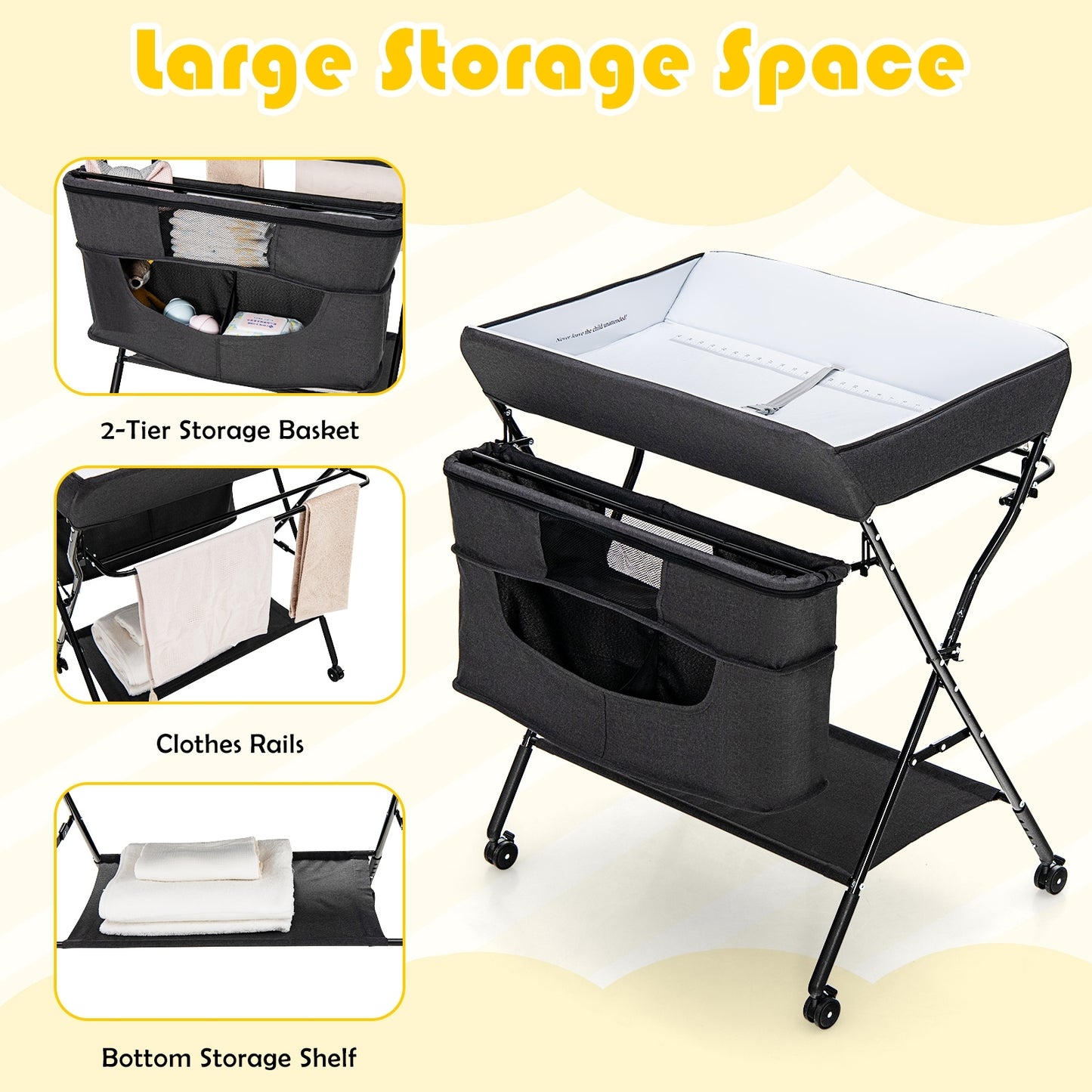 Portable Adjustable Height Newborn Nursery Organizer with Wheel-Black Kids Crystal