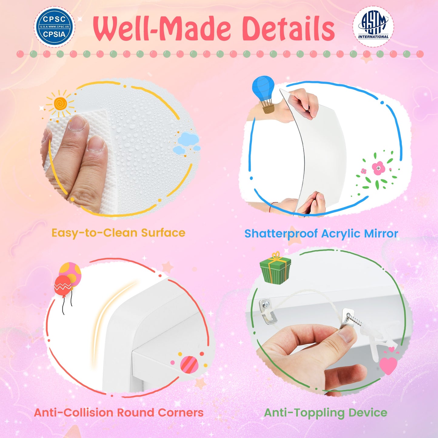 Kids Vanity Set with Lighted Mirror Makeup Desk and Chair Set with Drawers-White Kids Crystal