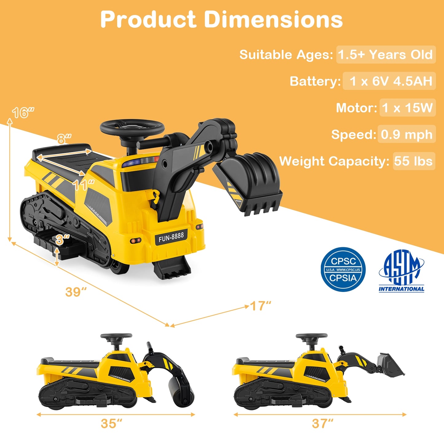 6V Ride on Tractor 3-in-1 Electric Excavator with Adjustable Arms and Music-Yellow