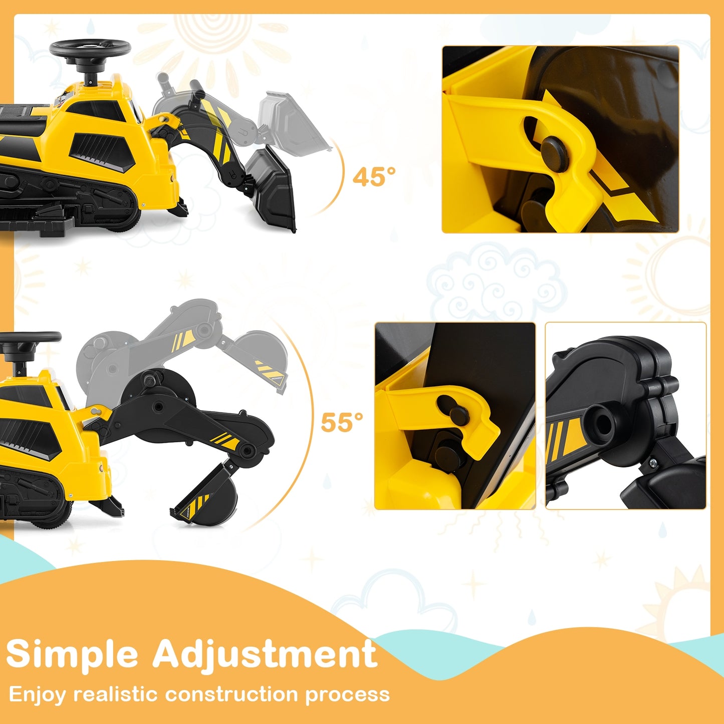 6V Ride on Tractor 3-in-1 Electric Excavator with Adjustable Arms and Music-Yellow