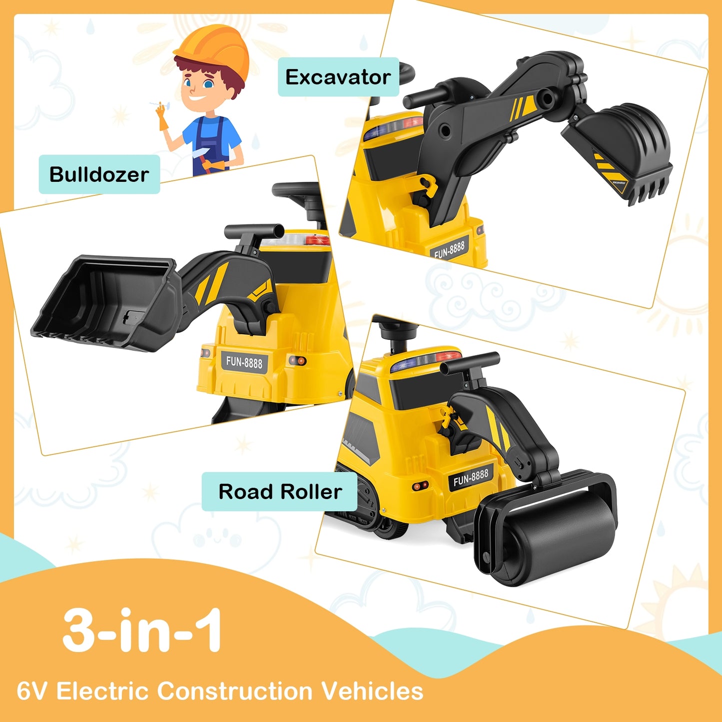 6V Ride on Tractor 3-in-1 Electric Excavator with Adjustable Arms and Music-Yellow Kids Crystal