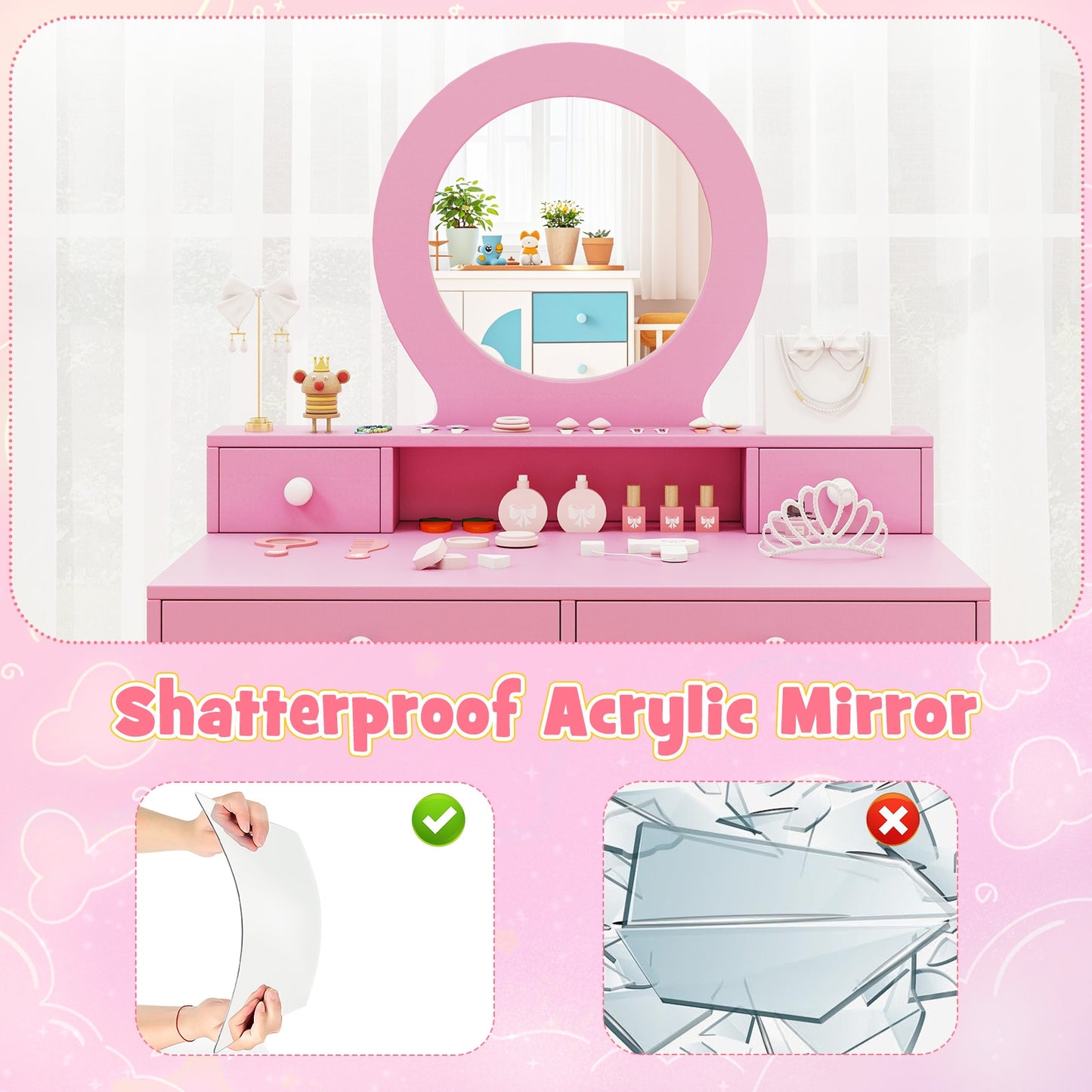 Kids Vanity Set with Mirror Princess Makeup Dressing Desk and Chair Set with Mirror-Pink Kids Crystal