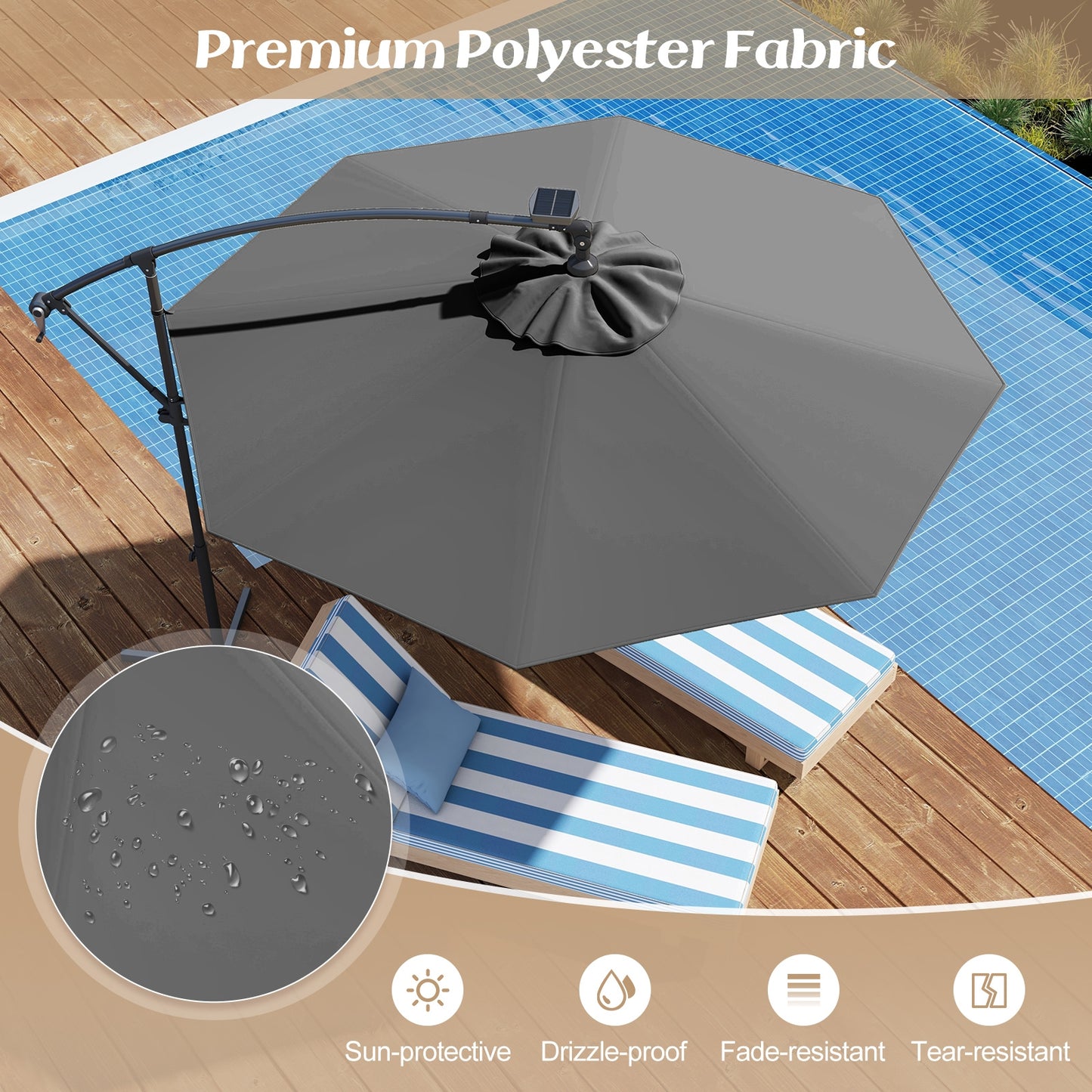10 Feet 360° Rotation Solar Powered LED Patio Offset Umbrella without Weight Base-Gray Kids Crystal