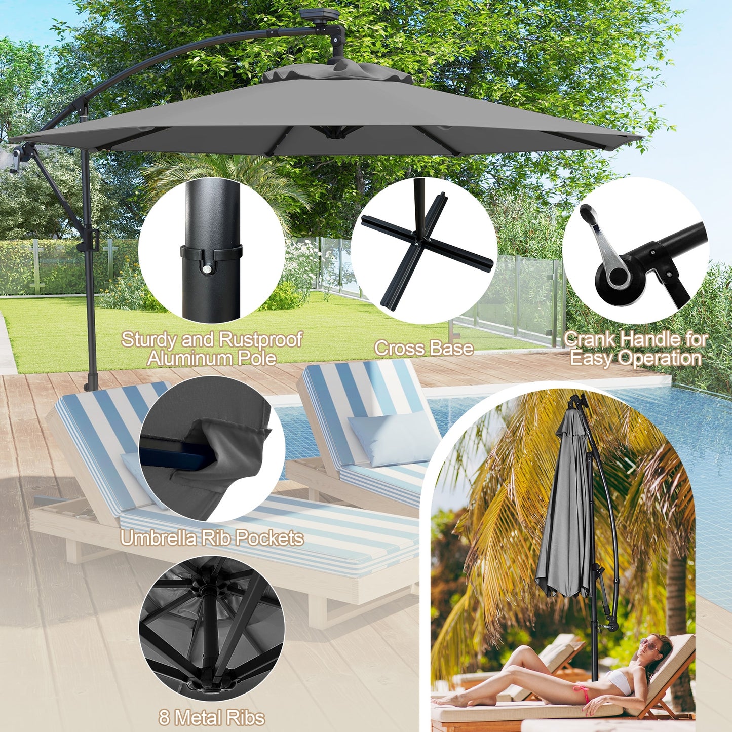 10 Feet 360° Rotation Solar Powered LED Patio Offset Umbrella without Weight Base-Gray Kids Crystal