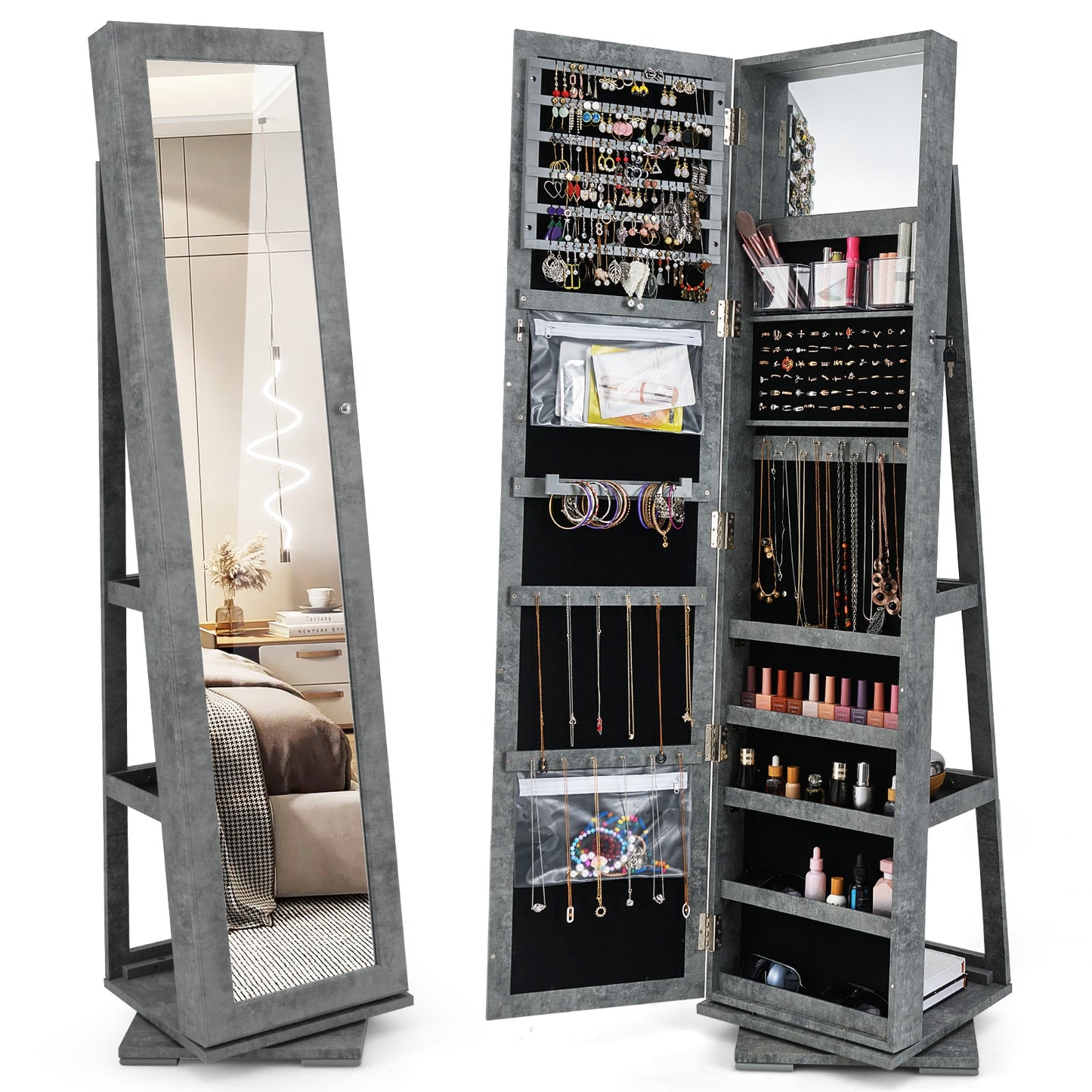 360° Rotatable 2-in-1 Lockable Jewelry Cabinet with Full-Length Mirror-Green