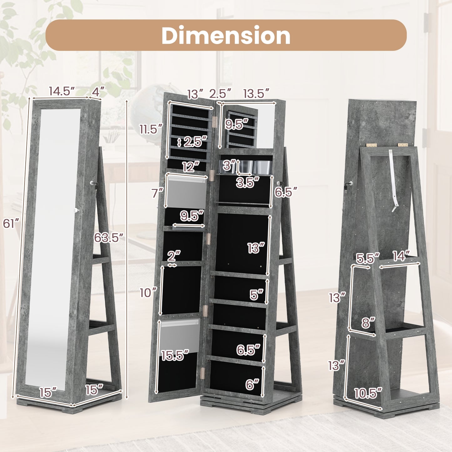 360° Rotatable 2-in-1 Lockable Jewelry Cabinet with Full-Length Mirror-Green