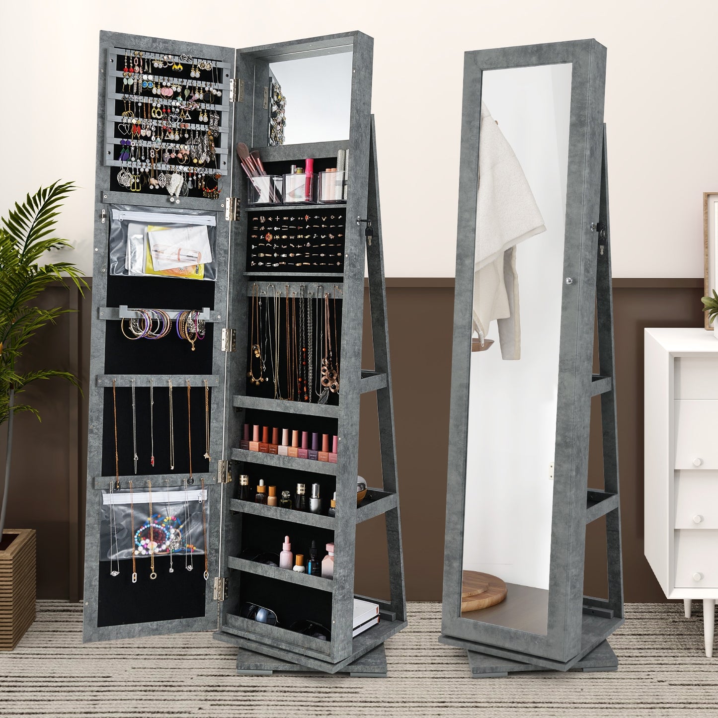 360° Rotatable 2-in-1 Lockable Jewelry Cabinet with Full-Length Mirror-Green