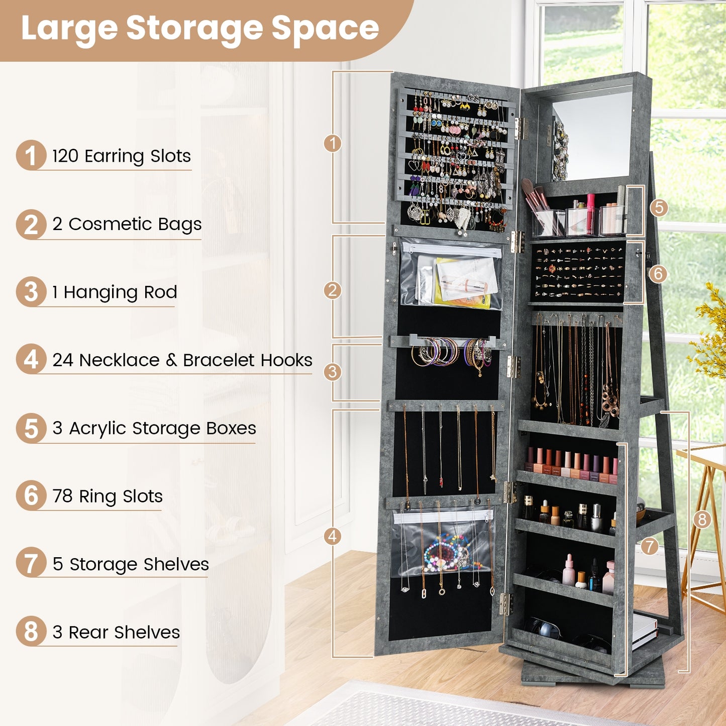 360° Rotatable 2-in-1 Lockable Jewelry Cabinet with Full-Length Mirror-Green
