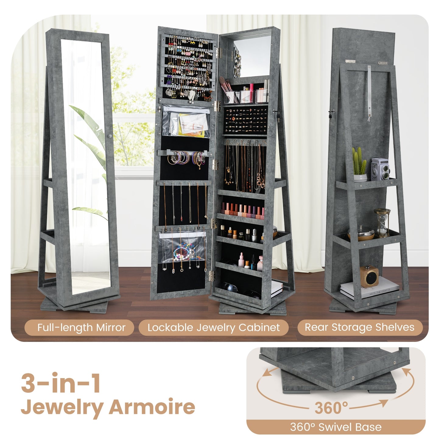 360° Rotatable 2-in-1 Lockable Jewelry Cabinet with Full-Length Mirror-Green