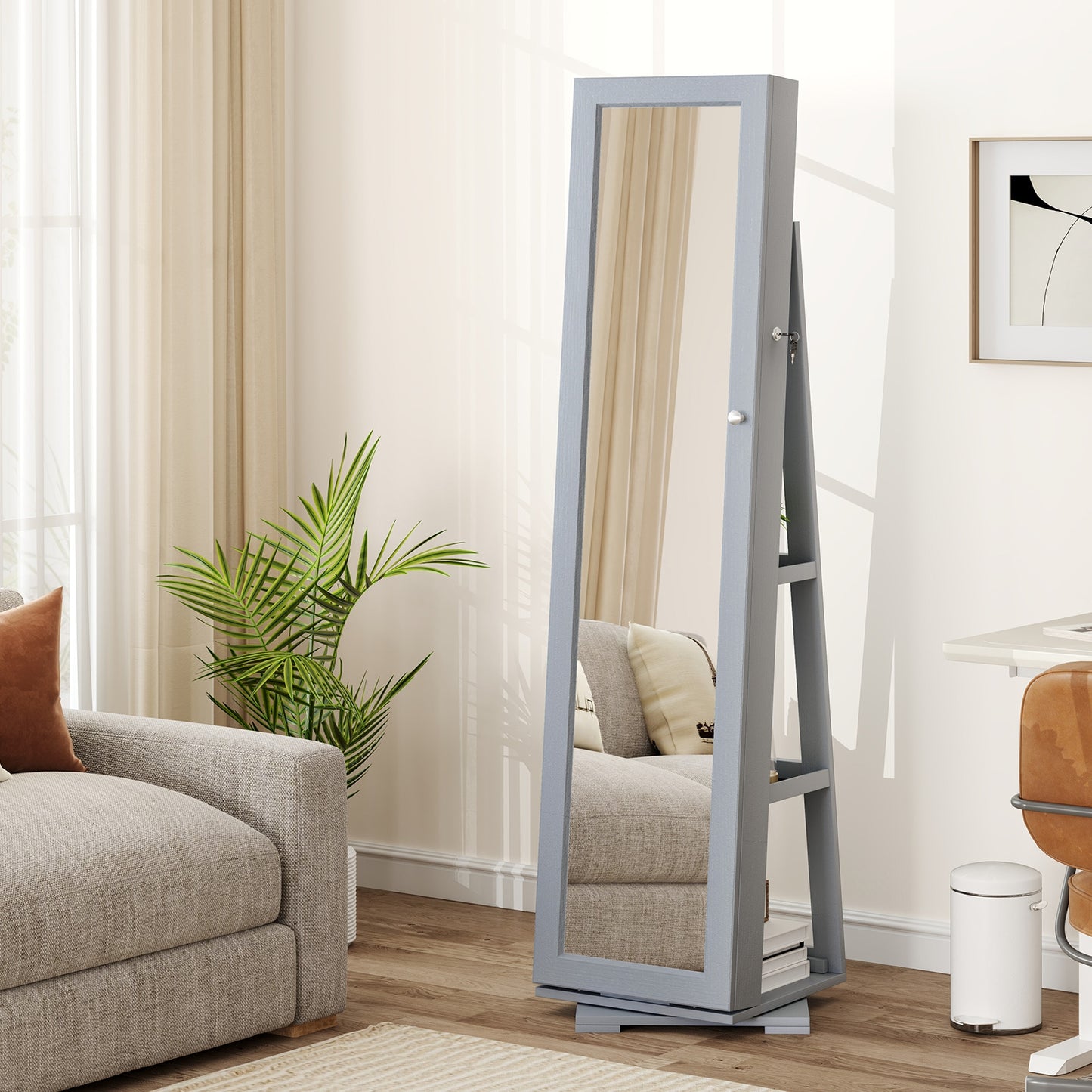 360° Rotatable 2-in-1 Lockable Jewelry Cabinet with Full-Length Mirror-Gray Kids Crystal