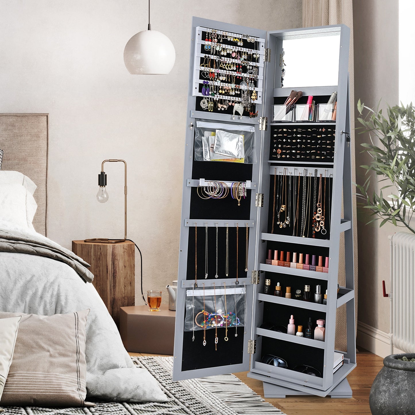 360° Rotatable 2-in-1 Lockable Jewelry Cabinet with Full-Length Mirror-Gray Kids Crystal