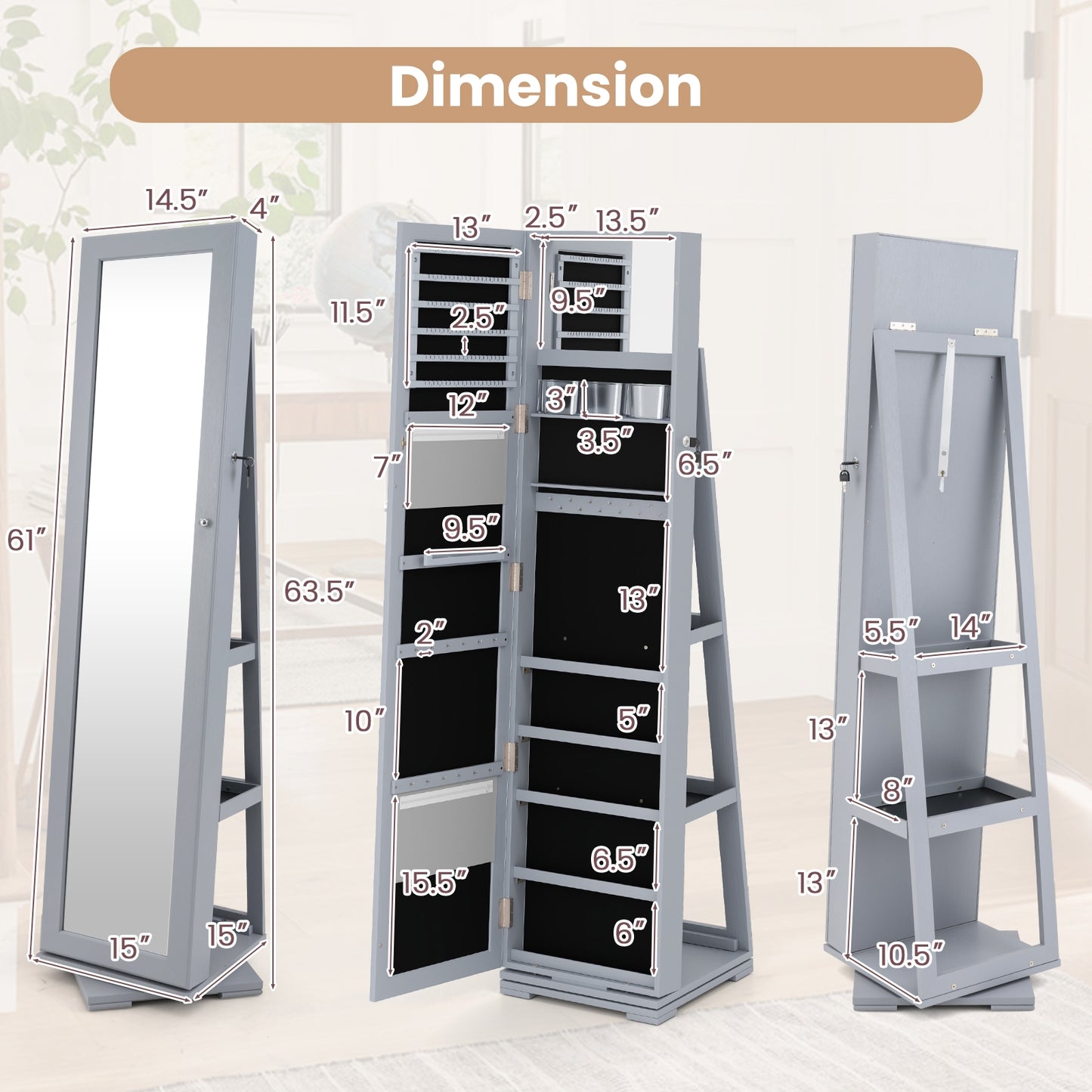 360° Rotatable 2-in-1 Lockable Jewelry Cabinet with Full-Length Mirror-Gray Kids Crystal