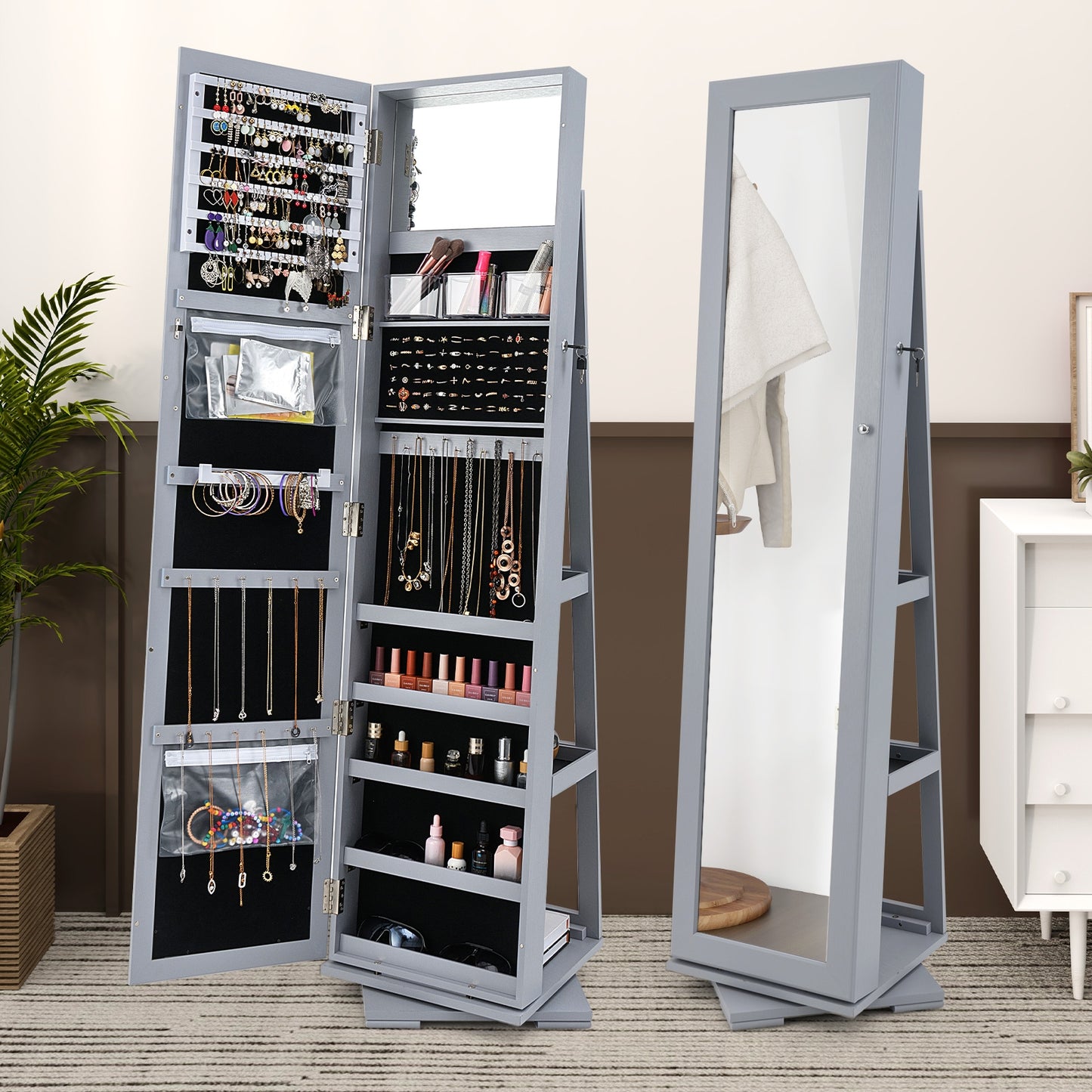 360° Rotatable 2-in-1 Lockable Jewelry Cabinet with Full-Length Mirror-Gray Kids Crystal