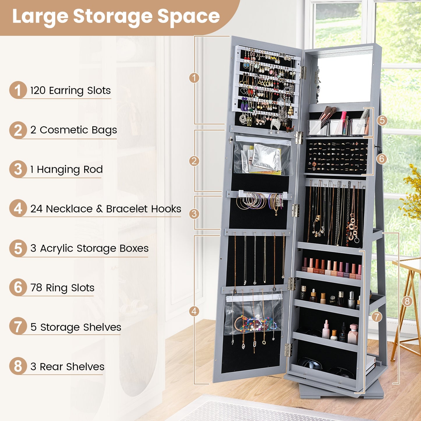 360° Rotatable 2-in-1 Lockable Jewelry Cabinet with Full-Length Mirror-Gray Kids Crystal