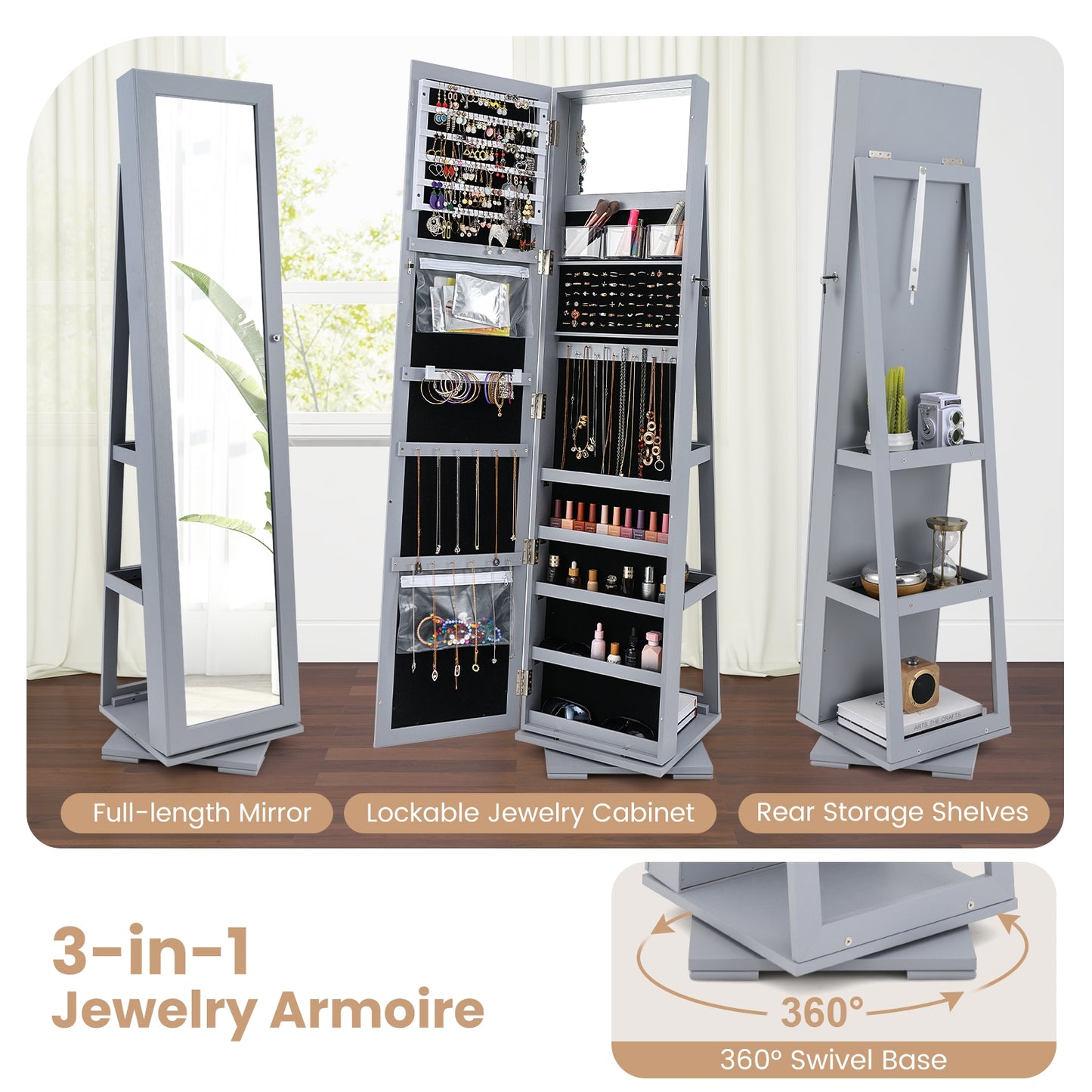 360° Rotatable 2-in-1 Lockable Jewelry Cabinet with Full-Length Mirror-Gray Kids Crystal