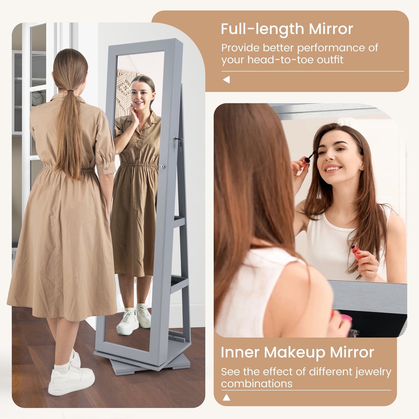 360° Rotatable 2-in-1 Lockable Jewelry Cabinet with Full-Length Mirror-Gray Kids Crystal