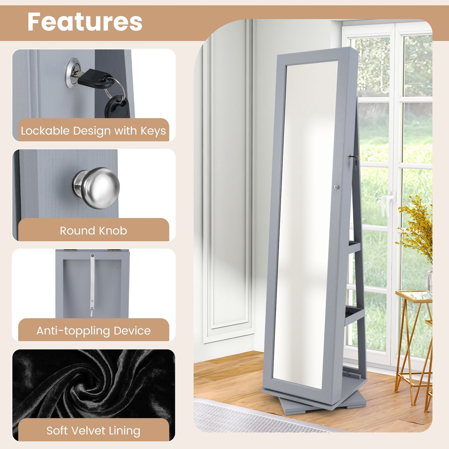 360° Rotatable 2-in-1 Lockable Jewelry Cabinet with Full-Length Mirror-Gray Kids Crystal