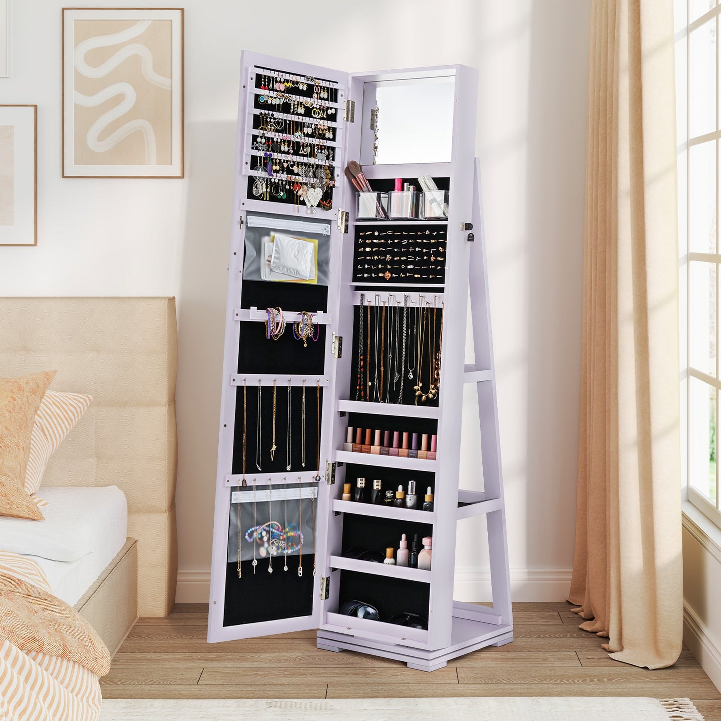 360° Rotatable 2-in-1 Lockable Jewelry Cabinet with Full-Length Mirror-Purple