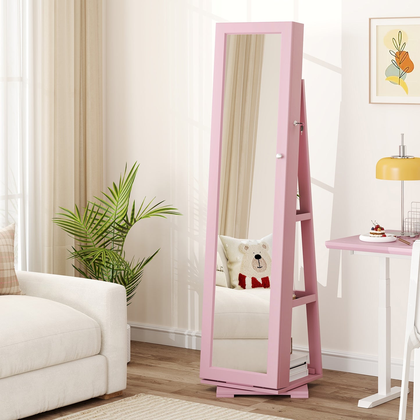 360° Rotatable 2-in-1 Lockable Jewelry Cabinet with Full-Length Mirror-Pink