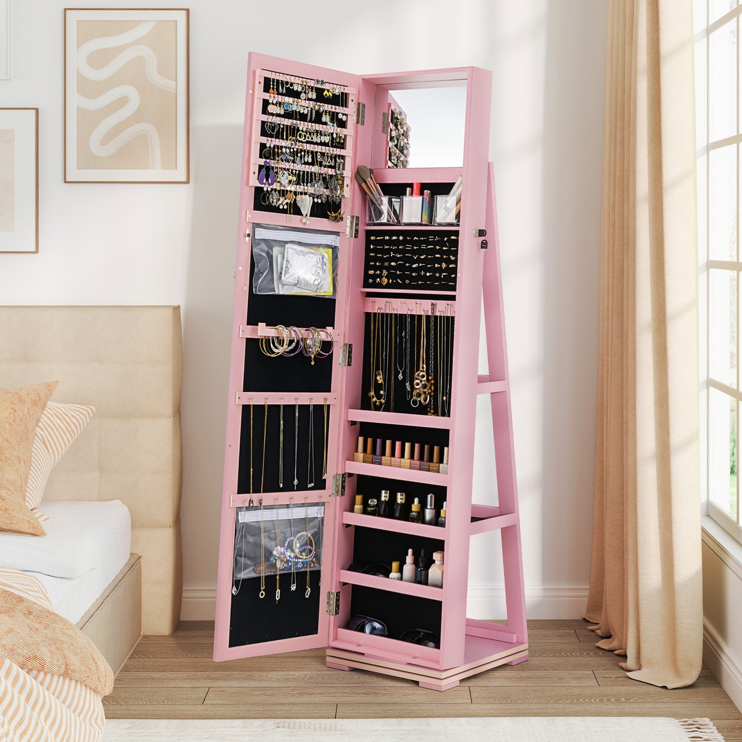 360° Rotatable 2-in-1 Lockable Jewelry Cabinet with Full-Length Mirror-Pink