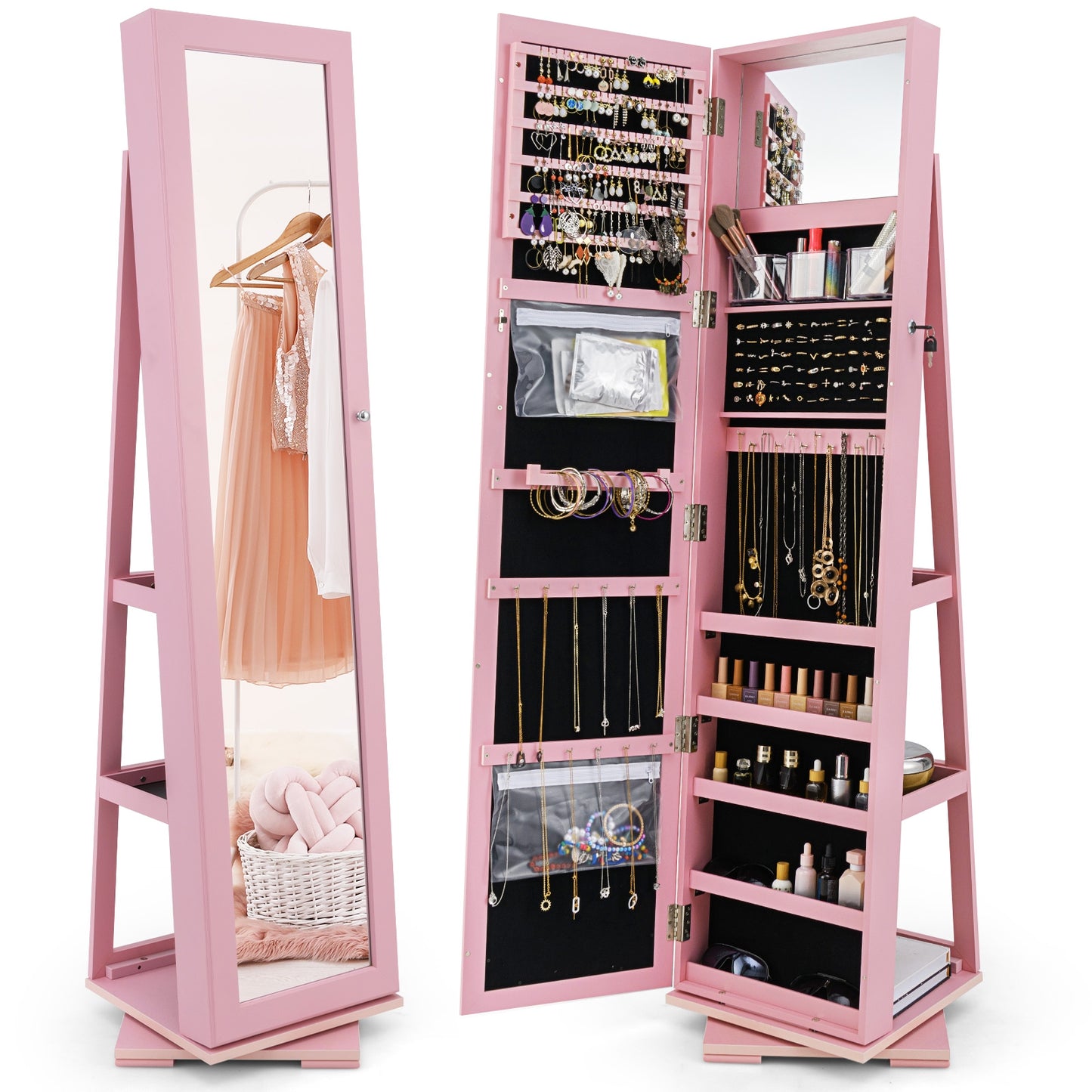 360° Rotatable 2-in-1 Lockable Jewelry Cabinet with Full-Length Mirror-Pink