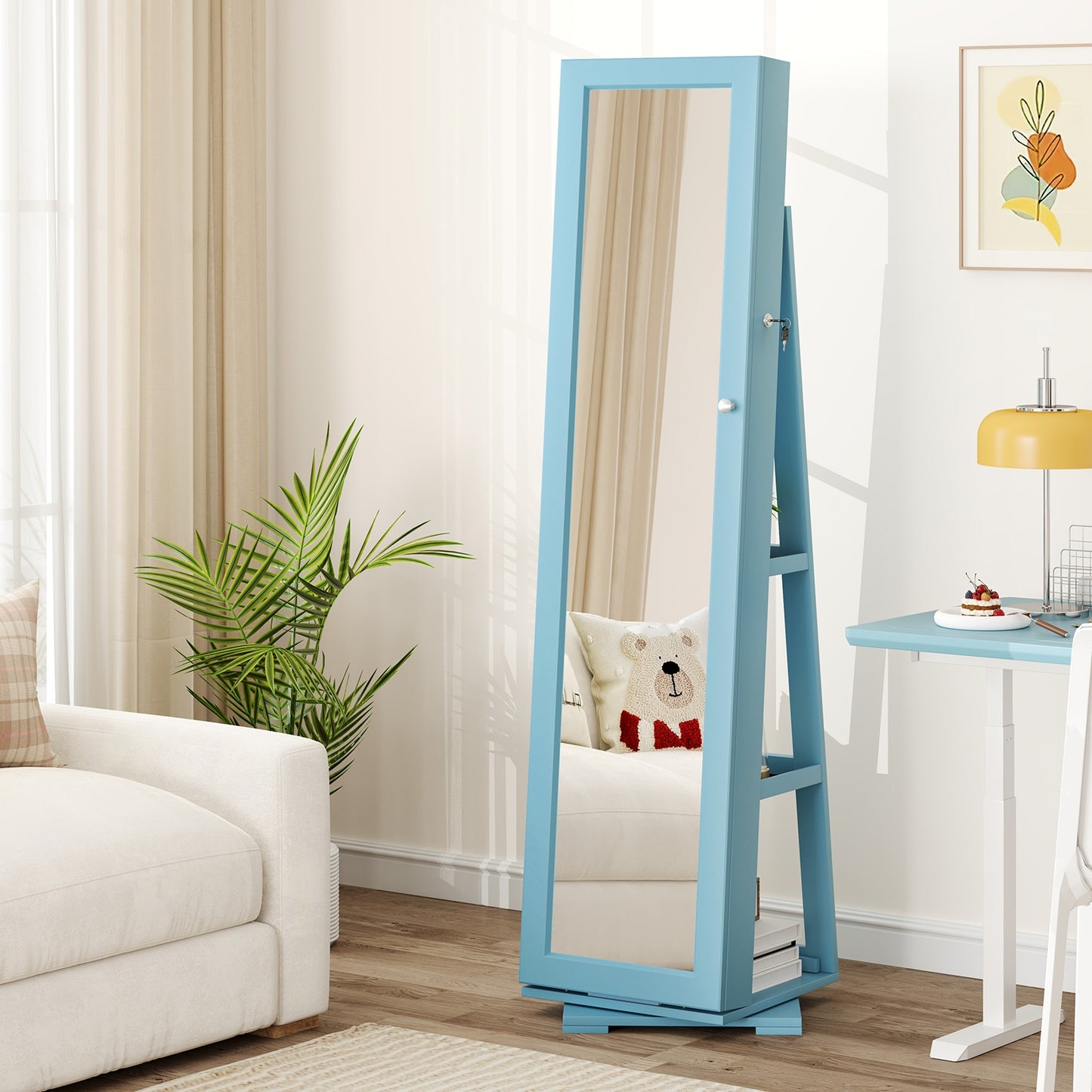 360° Rotatable 2-in-1 Lockable Jewelry Cabinet with Full-Length Mirror-Blue
