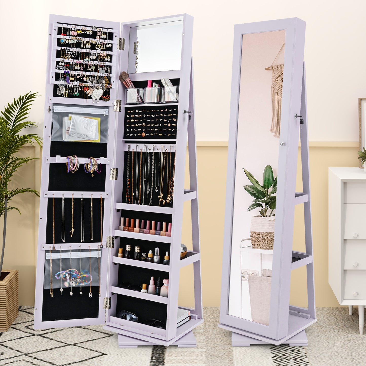 360° Rotatable 2-in-1 Lockable Jewelry Cabinet with Full-Length Mirror-Purple