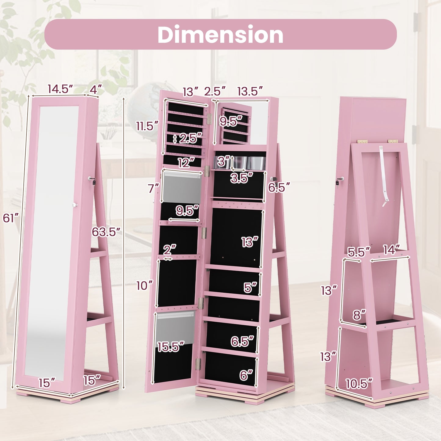 360° Rotatable 2-in-1 Lockable Jewelry Cabinet with Full-Length Mirror-Pink