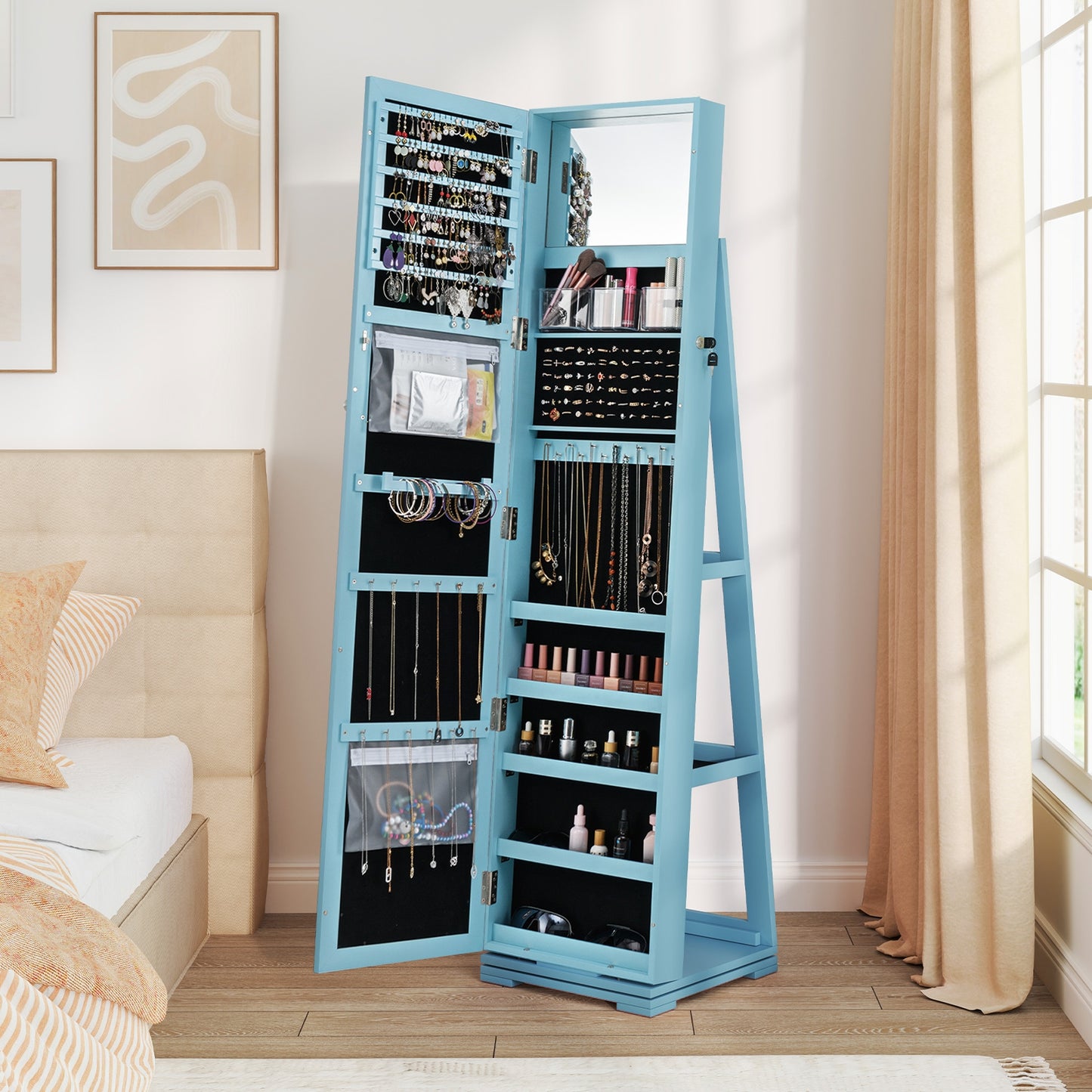 360° Rotatable 2-in-1 Lockable Jewelry Cabinet with Full-Length Mirror-Blue