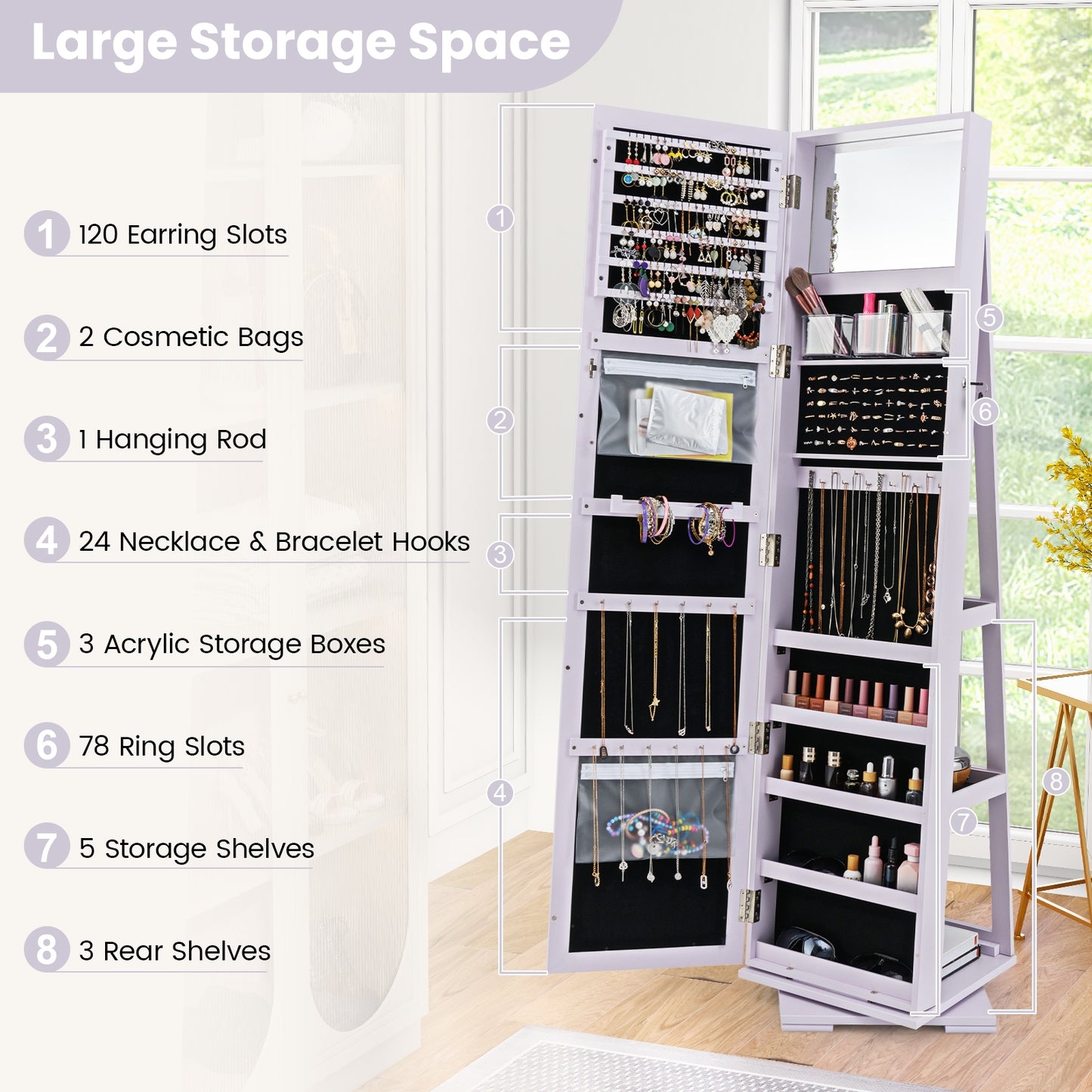 360° Rotatable 2-in-1 Lockable Jewelry Cabinet with Full-Length Mirror-Purple