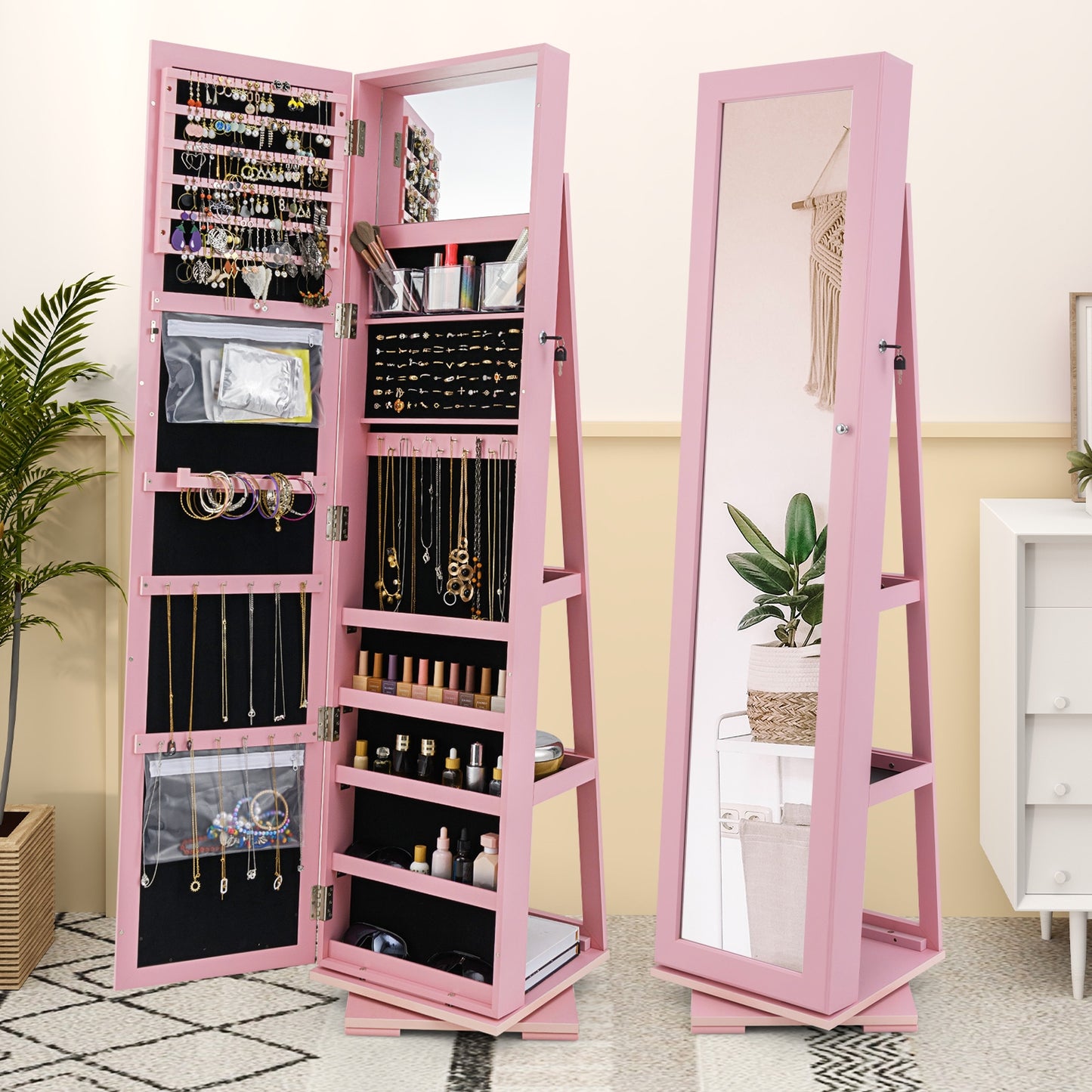 360° Rotatable 2-in-1 Lockable Jewelry Cabinet with Full-Length Mirror-Pink