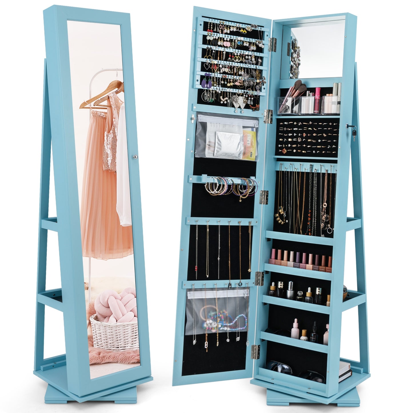 360° Rotatable 2-in-1 Lockable Jewelry Cabinet with Full-Length Mirror-Blue