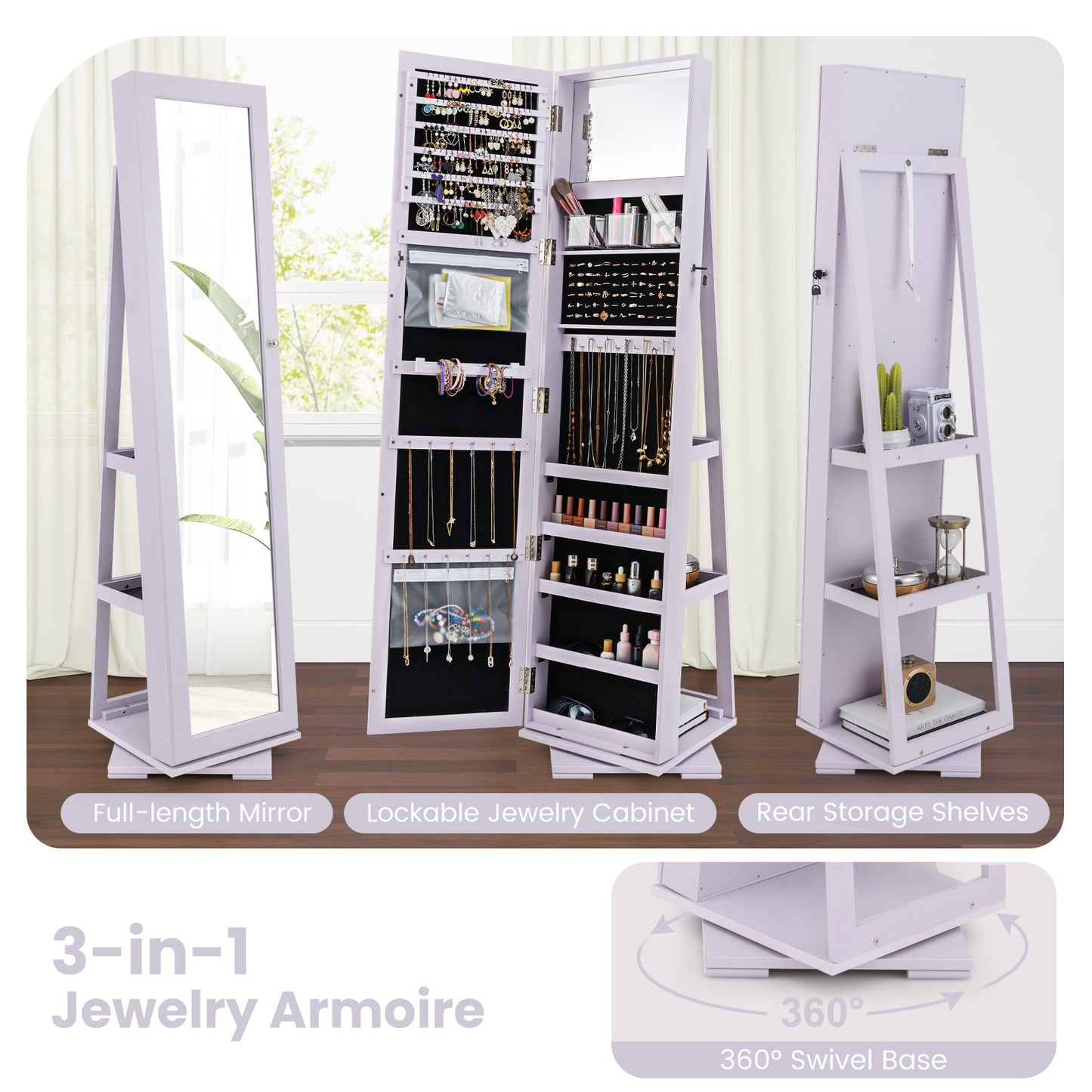 360° Rotatable 2-in-1 Lockable Jewelry Cabinet with Full-Length Mirror-Purple