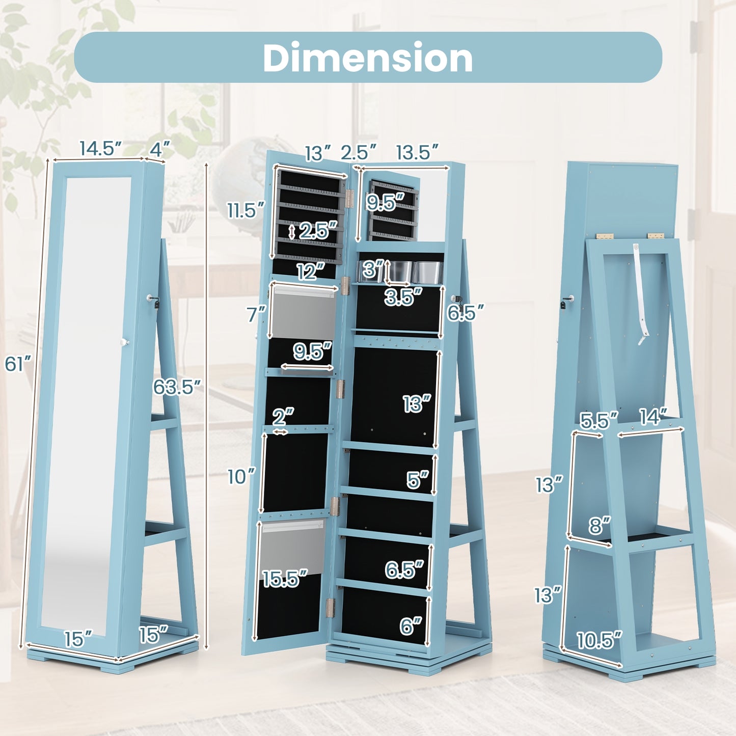 360° Rotatable 2-in-1 Lockable Jewelry Cabinet with Full-Length Mirror-Blue