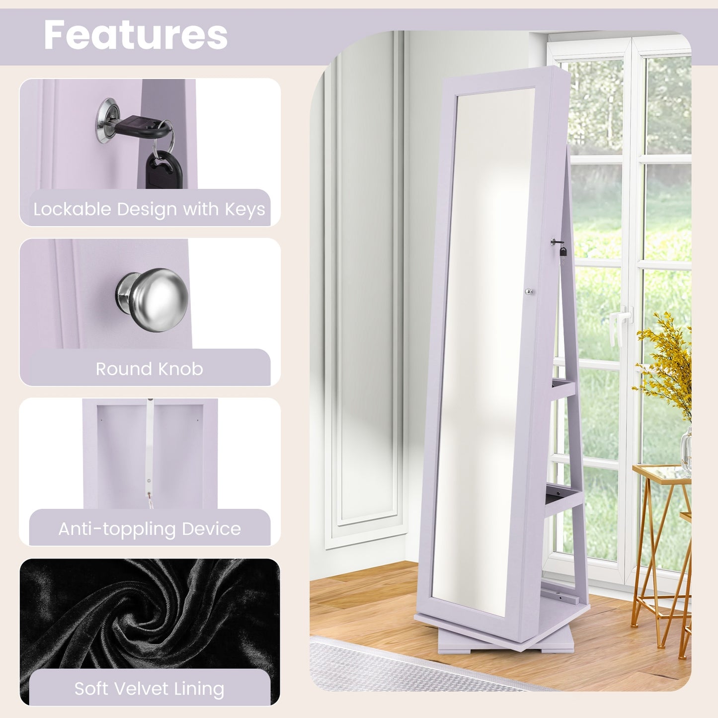 360° Rotatable 2-in-1 Lockable Jewelry Cabinet with Full-Length Mirror-Purple Kids Crystal