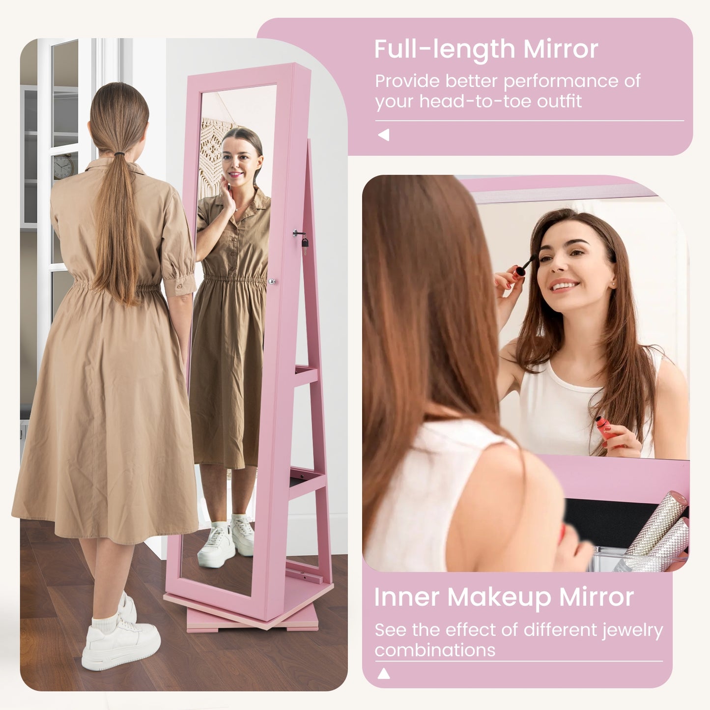 360° Rotatable 2-in-1 Lockable Jewelry Cabinet with Full-Length Mirror-Pink