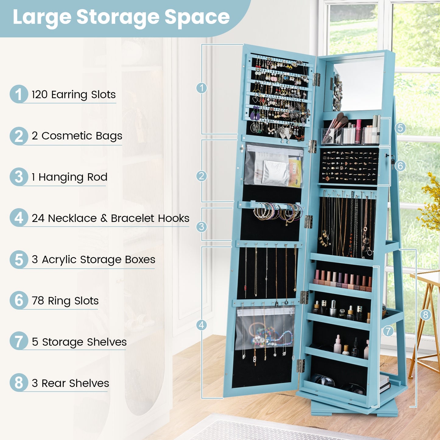 360° Rotatable 2-in-1 Lockable Jewelry Cabinet with Full-Length Mirror-Blue