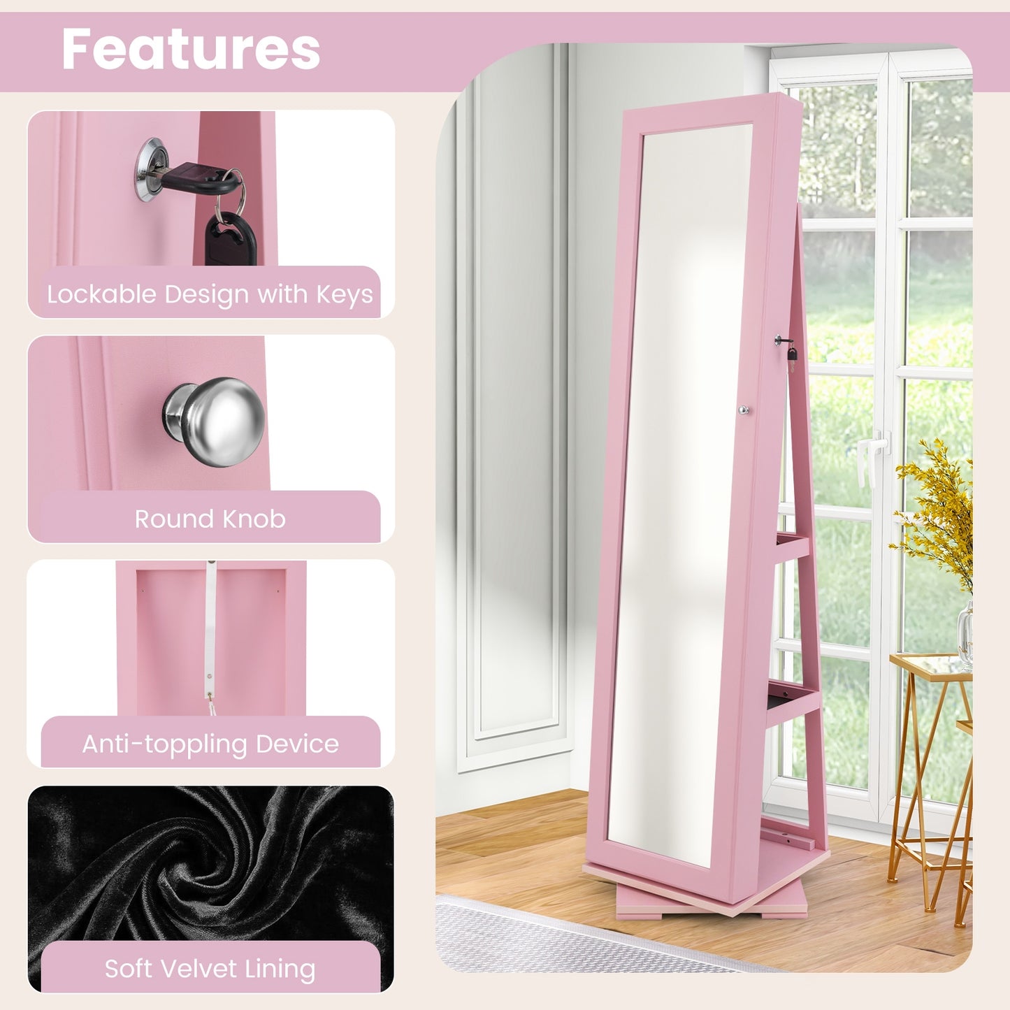 360° Rotatable 2-in-1 Lockable Jewelry Cabinet with Full-Length Mirror-Pink Kids Crystal