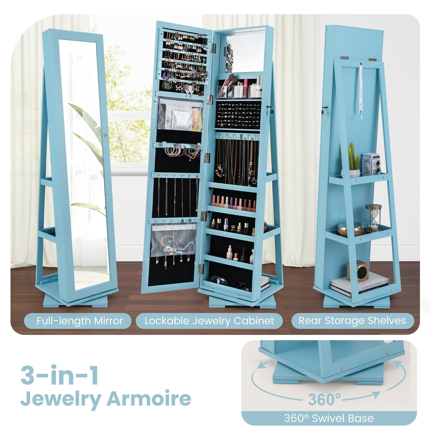 360° Rotatable 2-in-1 Lockable Jewelry Cabinet with Full-Length Mirror-Blue