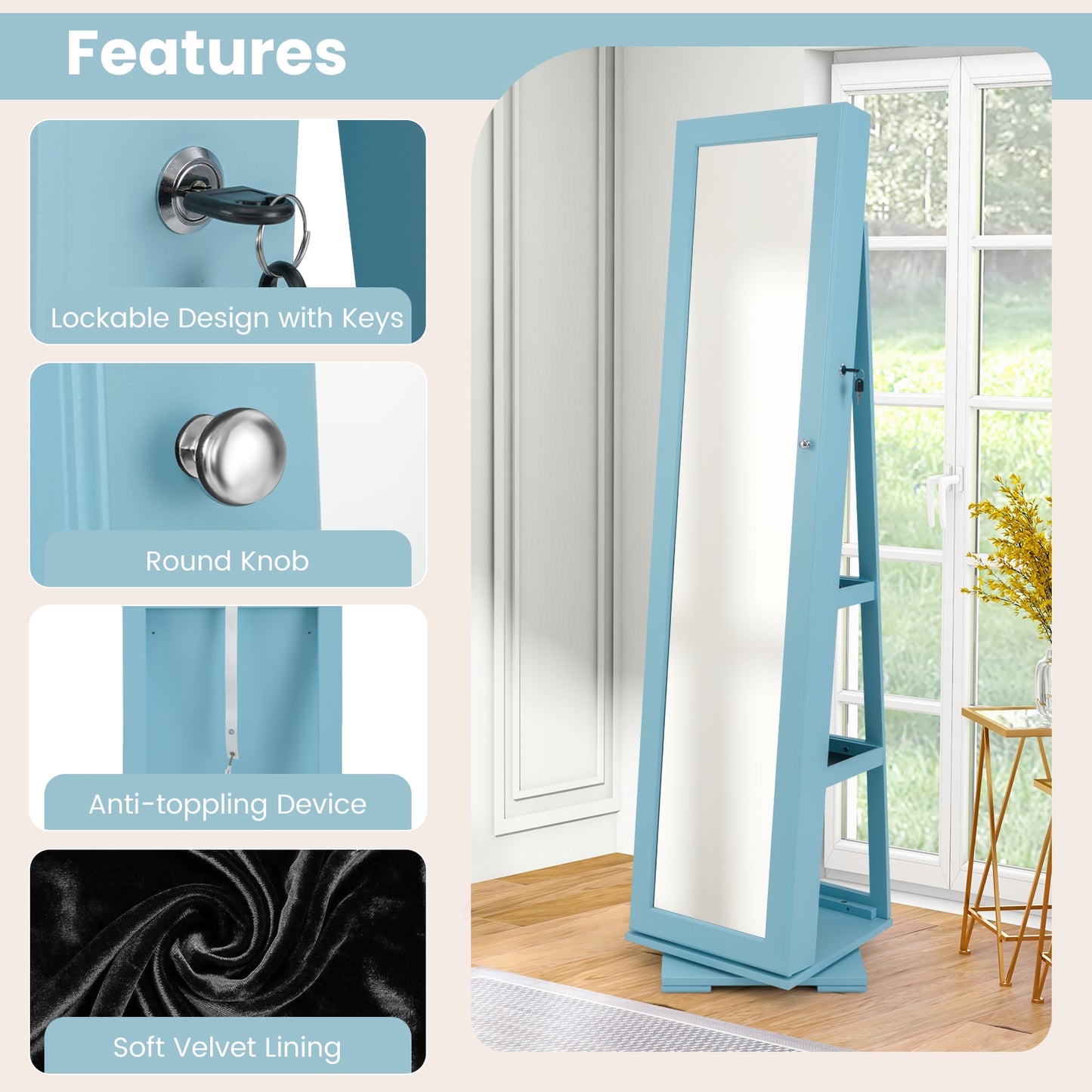 360° Rotatable 2-in-1 Lockable Jewelry Cabinet with Full-Length Mirror-Blue Kids Crystal