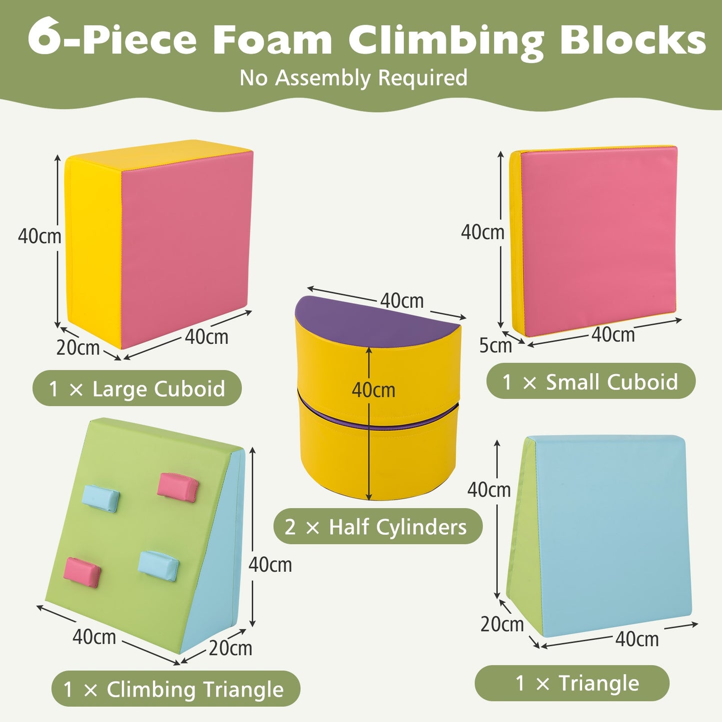 6-Piece Foam Climbing Blocks with Hook and Loop Fasteners Kids Crystal