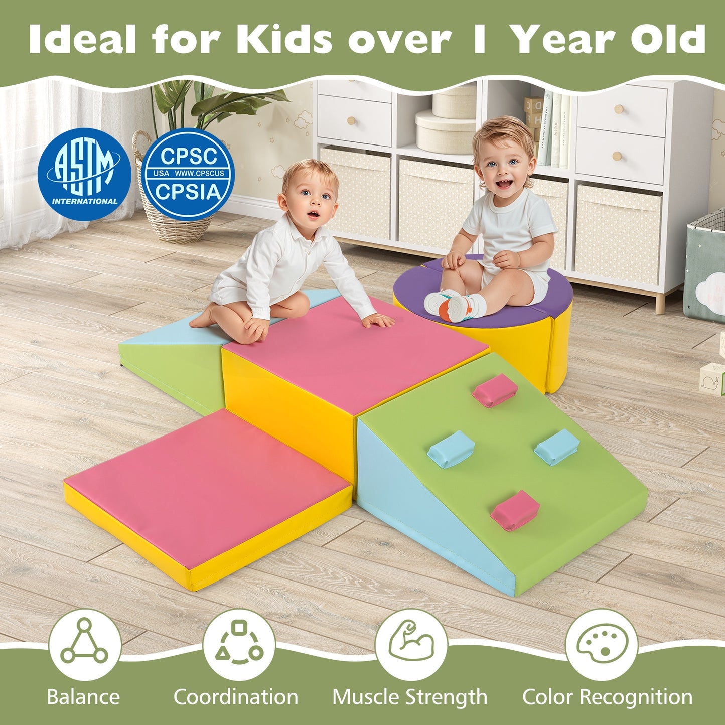 6-Piece Foam Climbing Blocks with Hook and Loop Fasteners Kids Crystal