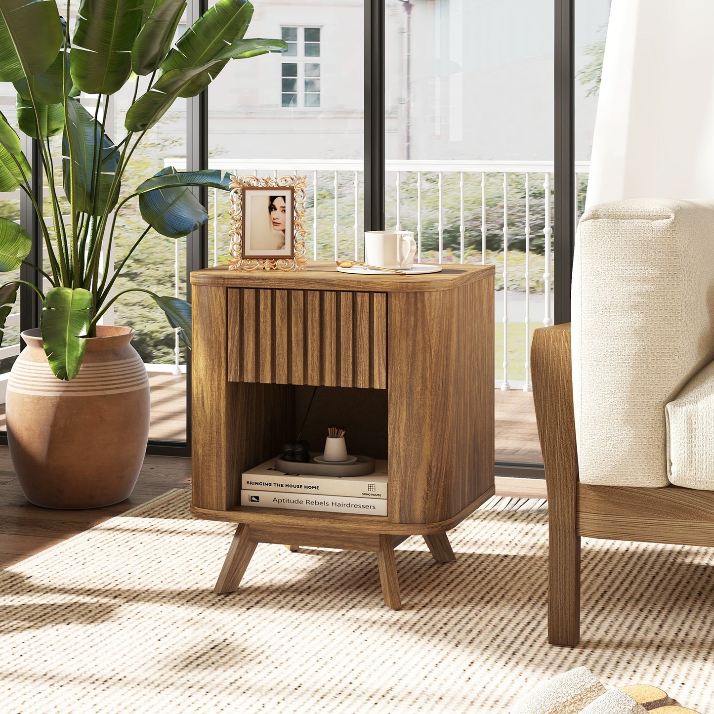 Mid-century Wood Nightstand with Drawer and Open Shelf-Walnut Kids Crystal