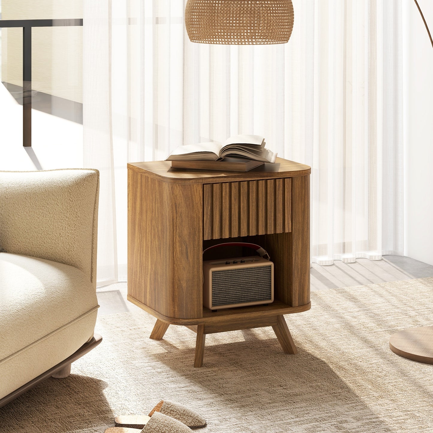 Mid-century Wood Nightstand with Drawer and Open Shelf-Walnut Kids Crystal